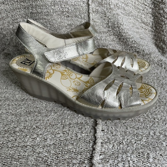 Fly London Metallic Gold Wedge Sandals - Picture 3 of 11
